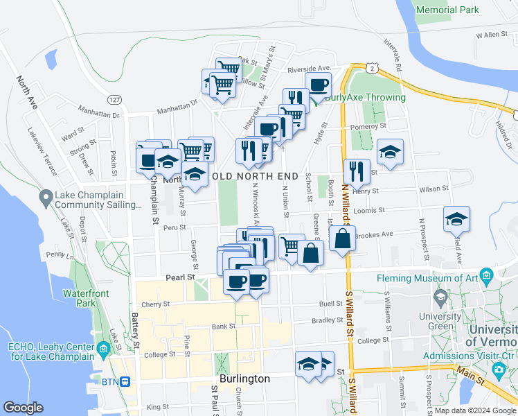 map of restaurants, bars, coffee shops, grocery stores, and more near 116 North Winooski Avenue in Burlington