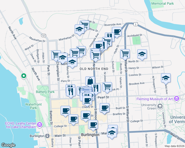map of restaurants, bars, coffee shops, grocery stores, and more near 115 North Winooski Avenue in Burlington