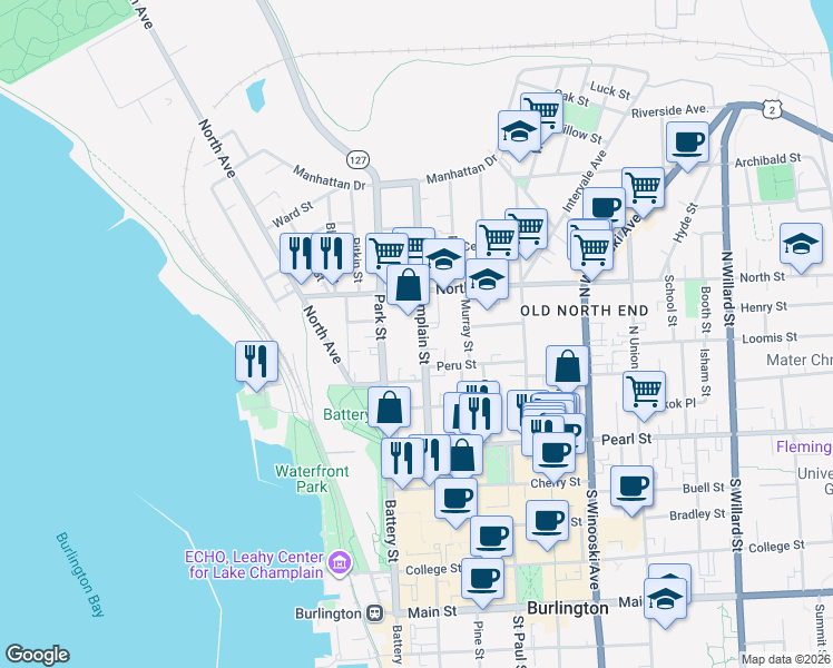 map of restaurants, bars, coffee shops, grocery stores, and more near 125 North Champlain Street in Burlington