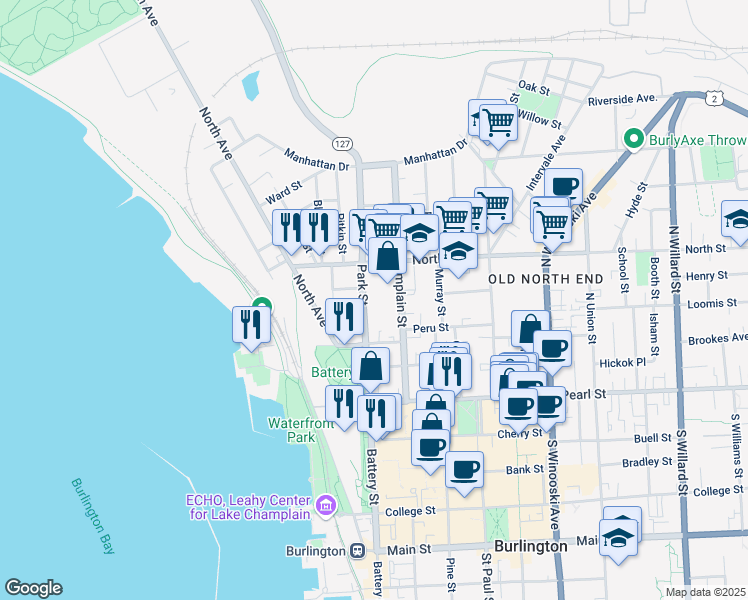 map of restaurants, bars, coffee shops, grocery stores, and more near 102 Park Street in Burlington
