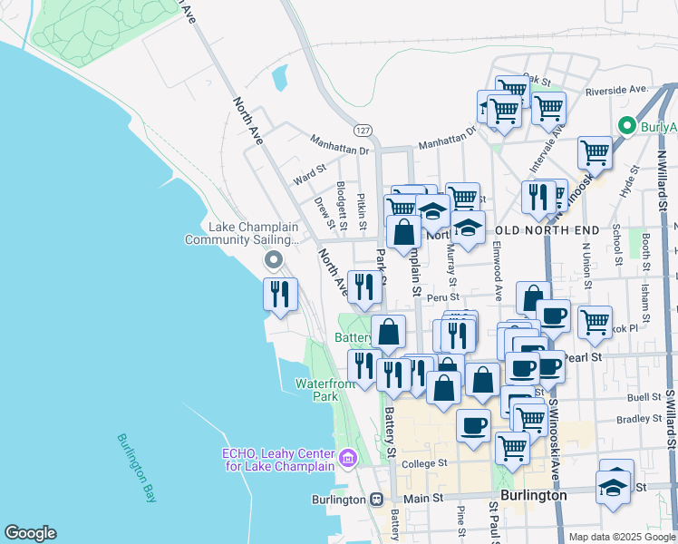 map of restaurants, bars, coffee shops, grocery stores, and more near 75 Front Street in Burlington