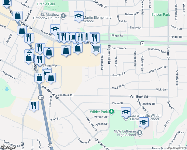 map of restaurants, bars, coffee shops, grocery stores, and more near 915 Ruffed Grouse Street in Green Bay