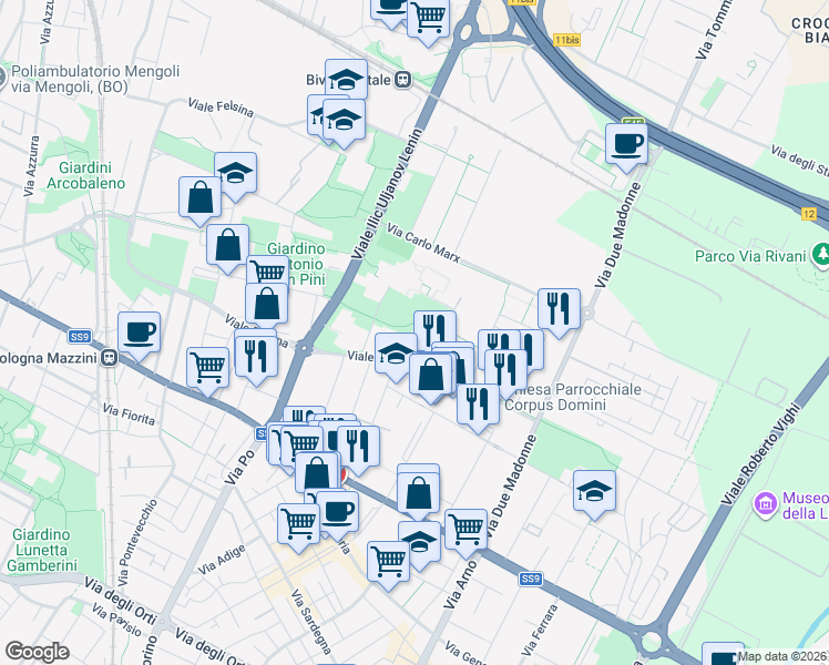 map of restaurants, bars, coffee shops, grocery stores, and more near 4 Via Pablo Neruda in Bologna