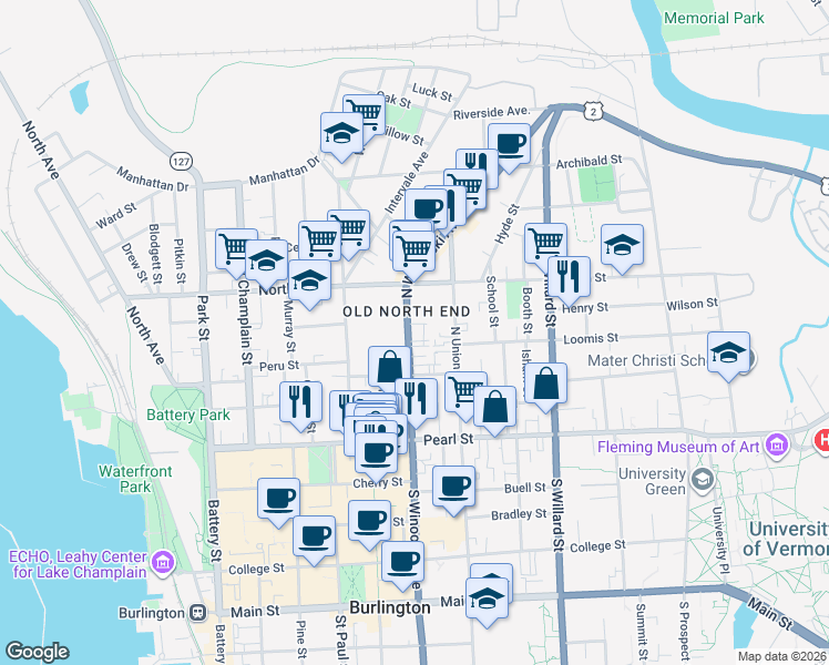 map of restaurants, bars, coffee shops, grocery stores, and more near 116 North Winooski Avenue in Burlington