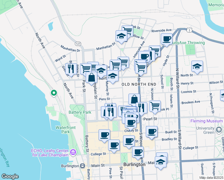 map of restaurants, bars, coffee shops, grocery stores, and more near 20 Allen Street in Burlington