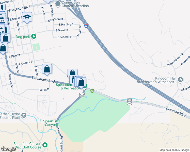 map of restaurants, bars, coffee shops, grocery stores, and more near 270 Fairway Drive in Spearfish