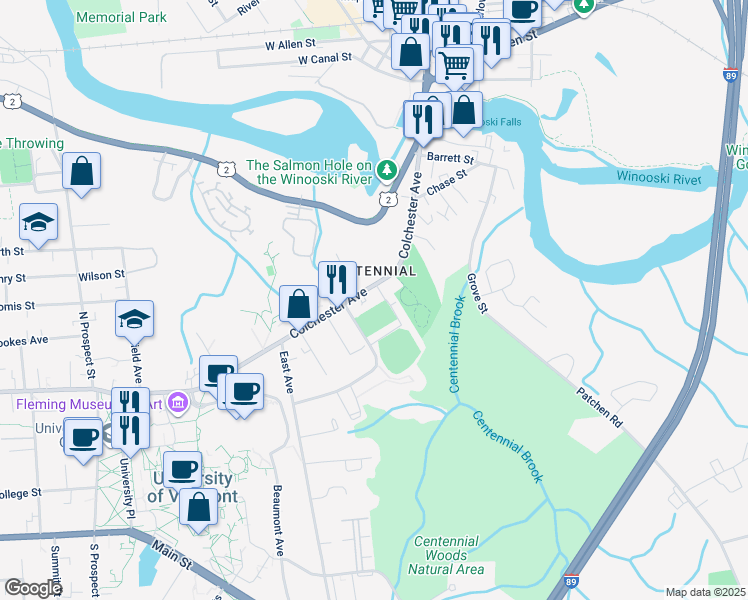 map of restaurants, bars, coffee shops, grocery stores, and more near 339 Colchester Avenue in Burlington