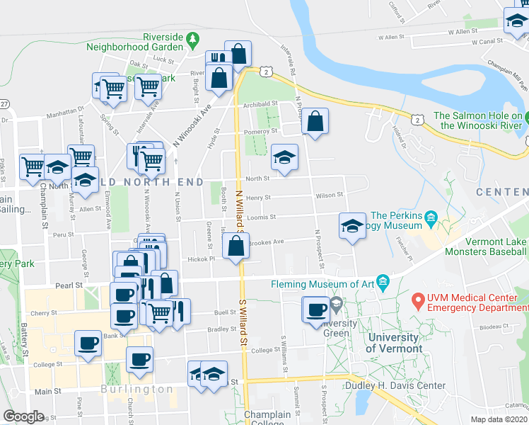 map of restaurants, bars, coffee shops, grocery stores, and more near 24 Weston Street in Burlington