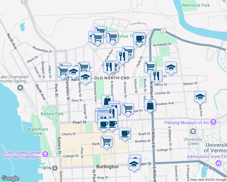 map of restaurants, bars, coffee shops, grocery stores, and more near 116 North Winooski Avenue in Burlington