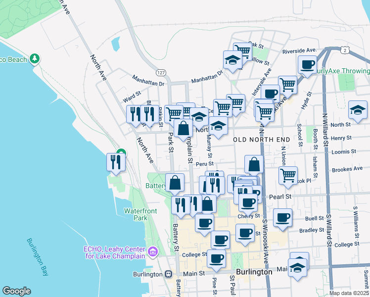 map of restaurants, bars, coffee shops, grocery stores, and more near 125 North Champlain Street in Burlington