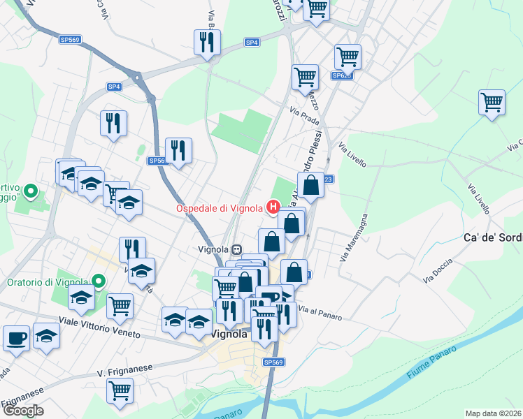 map of restaurants, bars, coffee shops, grocery stores, and more near Via Papa Giovanni Paolo II in Vignola