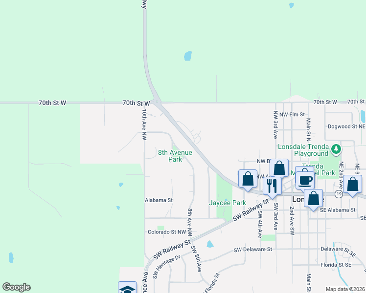 map of restaurants, bars, coffee shops, grocery stores, and more near 106 8th Avenue Northwest in Lonsdale