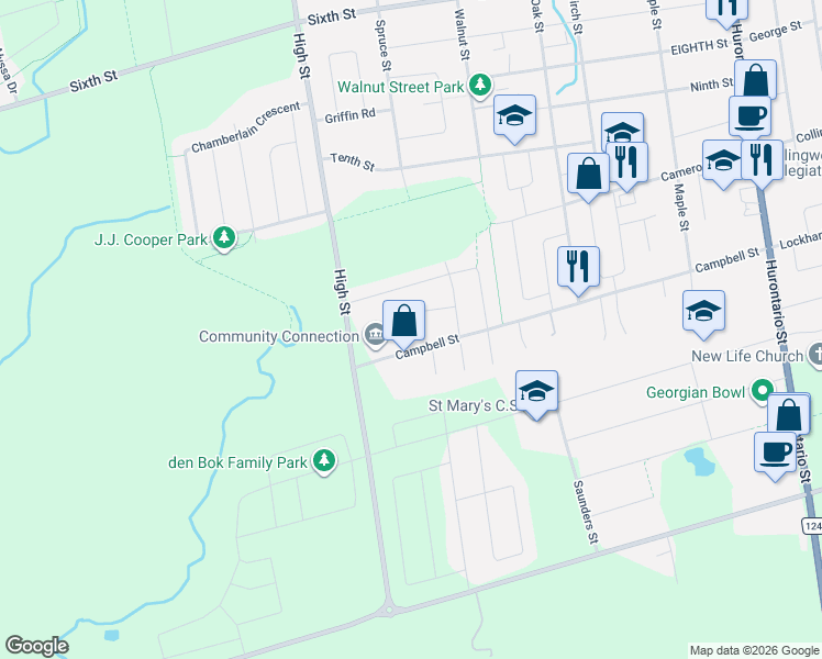 map of restaurants, bars, coffee shops, grocery stores, and more near 32 Reid Crescent in Collingwood