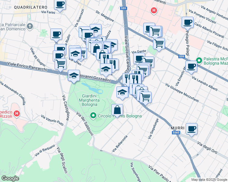 map of restaurants, bars, coffee shops, grocery stores, and more near 4 Via Santa Chiara in Bologna