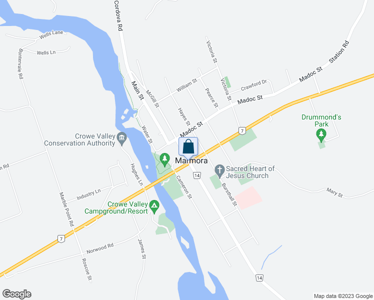 map of restaurants, bars, coffee shops, grocery stores, and more near 18 Forsyth Street in Marmora