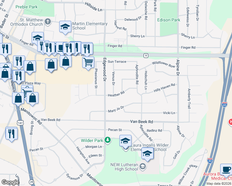 map of restaurants, bars, coffee shops, grocery stores, and more near 918 Venus Drive in Green Bay
