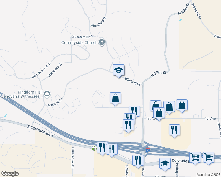 map of restaurants, bars, coffee shops, grocery stores, and more near 2509 Windmill Drive in Spearfish