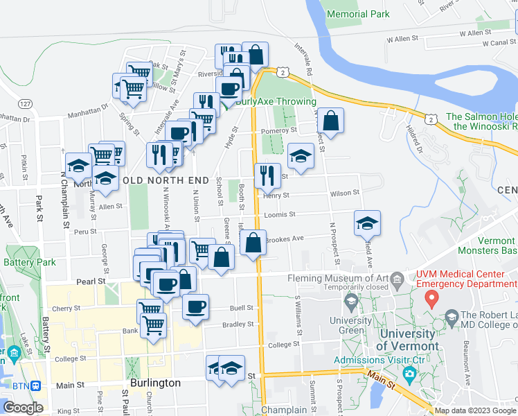 map of restaurants, bars, coffee shops, grocery stores, and more near 115 U.S. 7 in Burlington