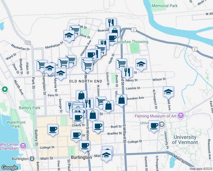 map of restaurants, bars, coffee shops, grocery stores, and more near 124 North Union Street in Burlington