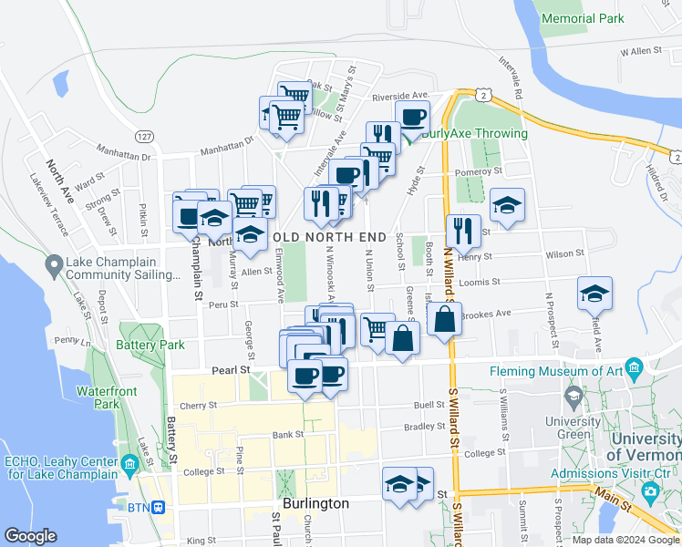 map of restaurants, bars, coffee shops, grocery stores, and more near 116 North Winooski Avenue in Burlington