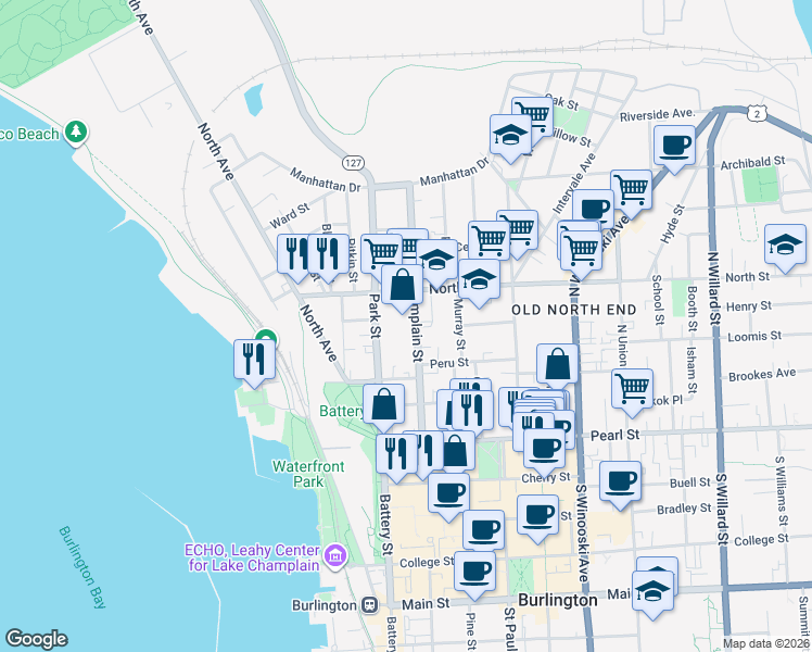 map of restaurants, bars, coffee shops, grocery stores, and more near 125 North Champlain Street in Burlington