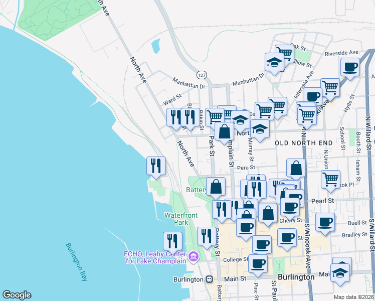 map of restaurants, bars, coffee shops, grocery stores, and more near 75 Front Street in Burlington