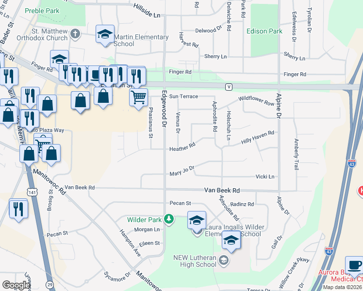 map of restaurants, bars, coffee shops, grocery stores, and more near 918 Venus Drive in Green Bay