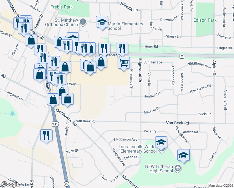 map of restaurants, bars, coffee shops, grocery stores, and more near 915 Ruffed Grouse Street in Green Bay