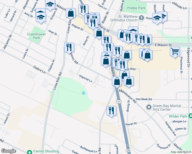 map of restaurants, bars, coffee shops, grocery stores, and more near 1052 Winter Lane in Green Bay