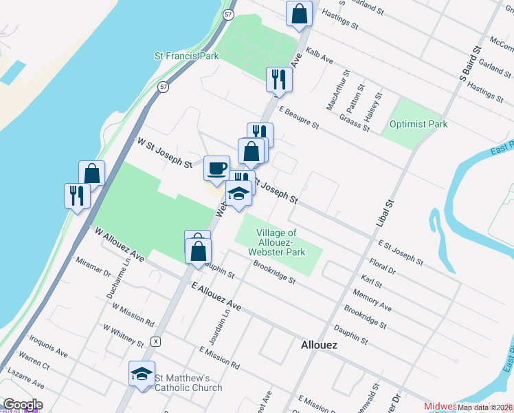 map of restaurants, bars, coffee shops, grocery stores, and more near 2011 Woodrow Way in Green Bay