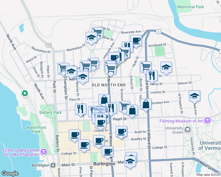 map of restaurants, bars, coffee shops, grocery stores, and more near 108 North Winooski Avenue in Burlington