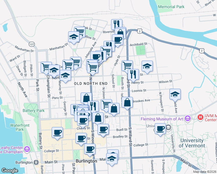 map of restaurants, bars, coffee shops, grocery stores, and more near 108 North Union Street in Burlington