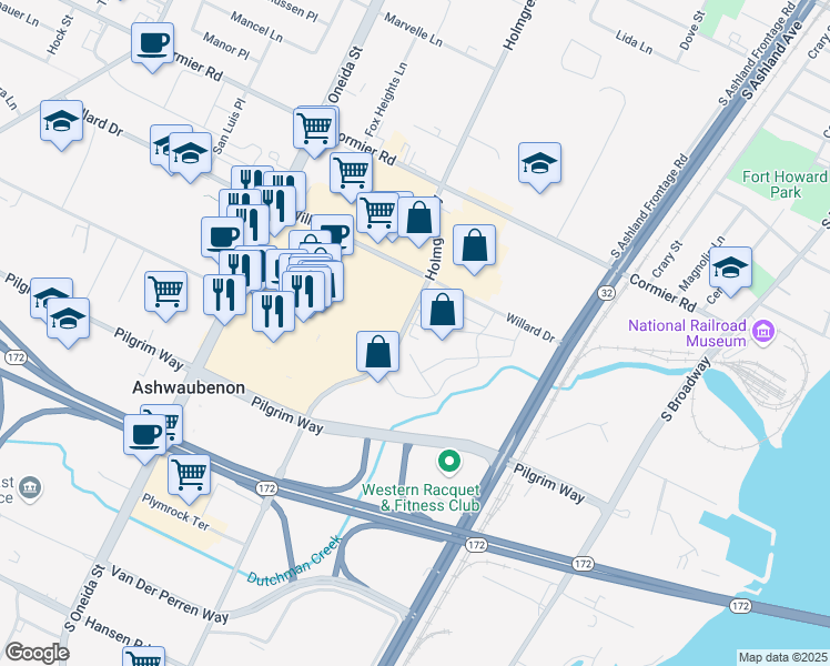 map of restaurants, bars, coffee shops, grocery stores, and more near 2411 Holmgren Way in Green Bay