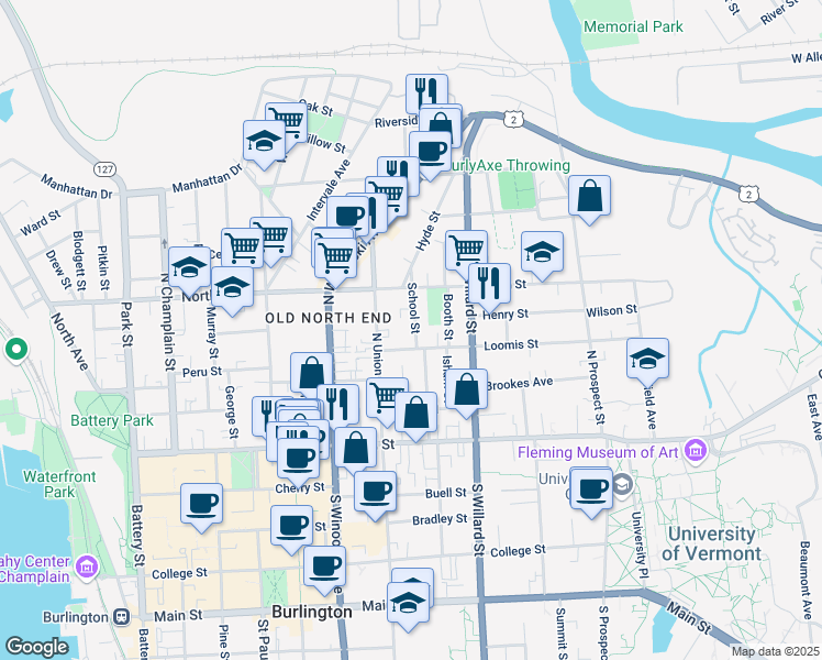 map of restaurants, bars, coffee shops, grocery stores, and more near 28 School Street in Burlington