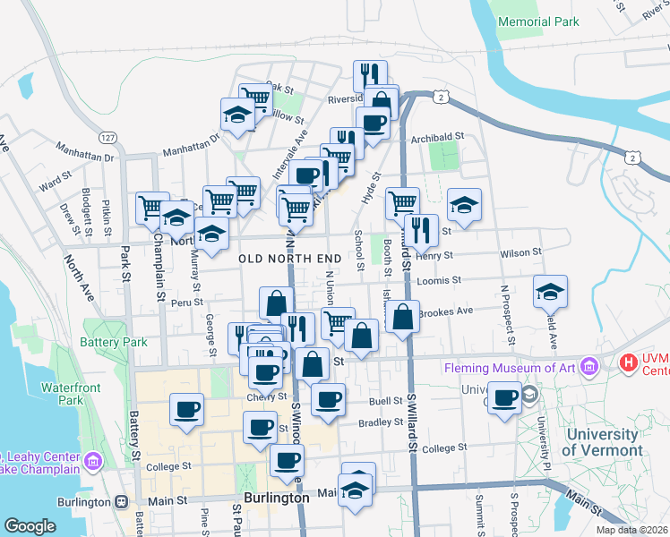 map of restaurants, bars, coffee shops, grocery stores, and more near 124 North Union Street in Burlington