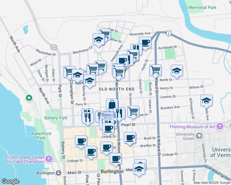 map of restaurants, bars, coffee shops, grocery stores, and more near 119 North Winooski Avenue in Burlington