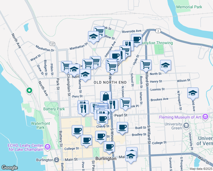 map of restaurants, bars, coffee shops, grocery stores, and more near 115 North Winooski Avenue in Burlington