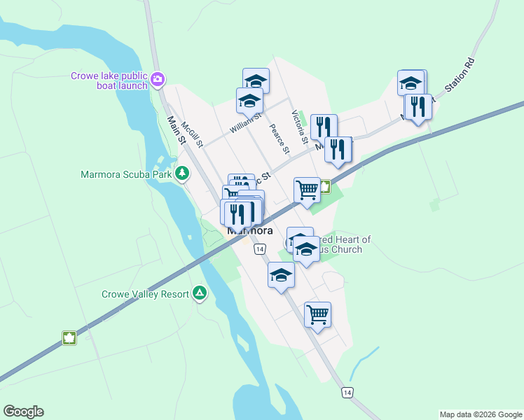 map of restaurants, bars, coffee shops, grocery stores, and more near 15 Bursthall Street in Marmora