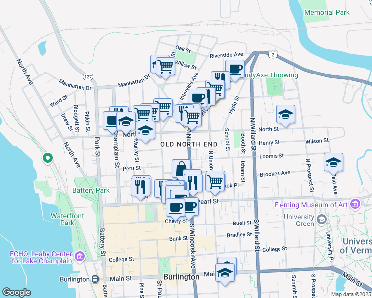 map of restaurants, bars, coffee shops, grocery stores, and more near 111 North Winooski Avenue in Burlington
