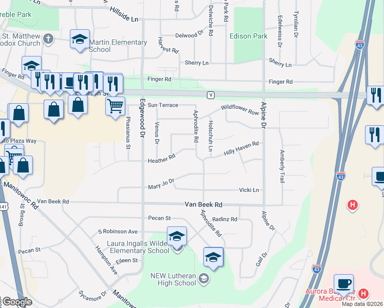 map of restaurants, bars, coffee shops, grocery stores, and more near 920 Aphrodite Road in Green Bay