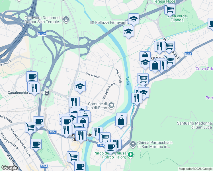 map of restaurants, bars, coffee shops, grocery stores, and more near 80 Via Giuseppe Garibaldi in Casalecchio di Reno
