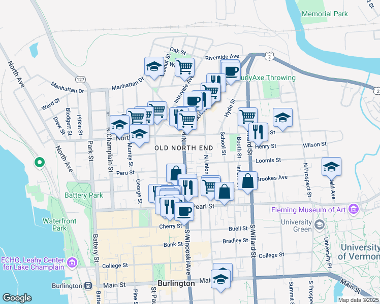 map of restaurants, bars, coffee shops, grocery stores, and more near 116 North Winooski Avenue in Burlington