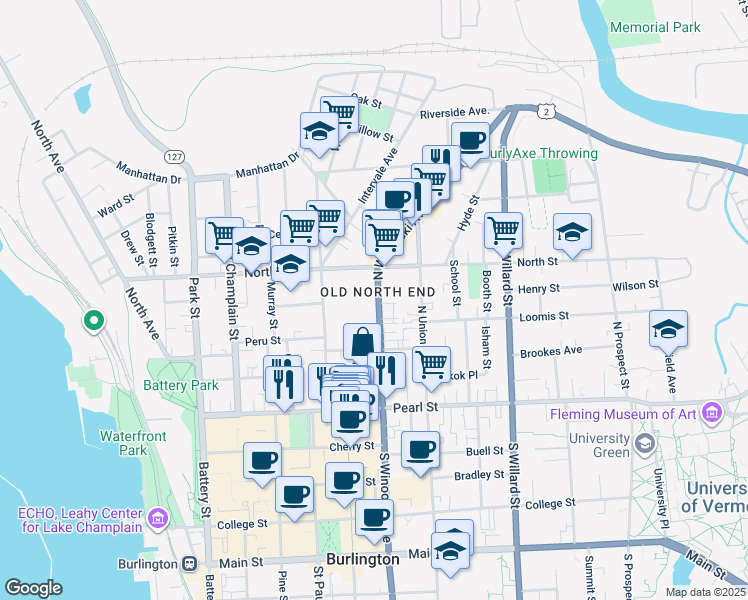 map of restaurants, bars, coffee shops, grocery stores, and more near 115 North Winooski Avenue in Burlington