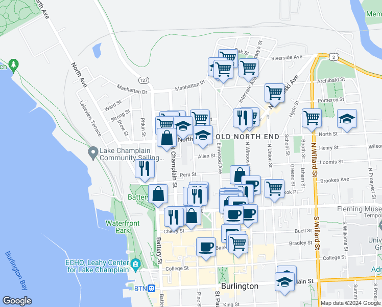 map of restaurants, bars, coffee shops, grocery stores, and more near 53-55 Murray Street in Burlington