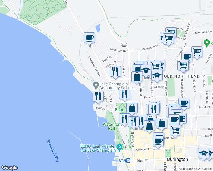 map of restaurants, bars, coffee shops, grocery stores, and more near 87 North Avenue in Burlington