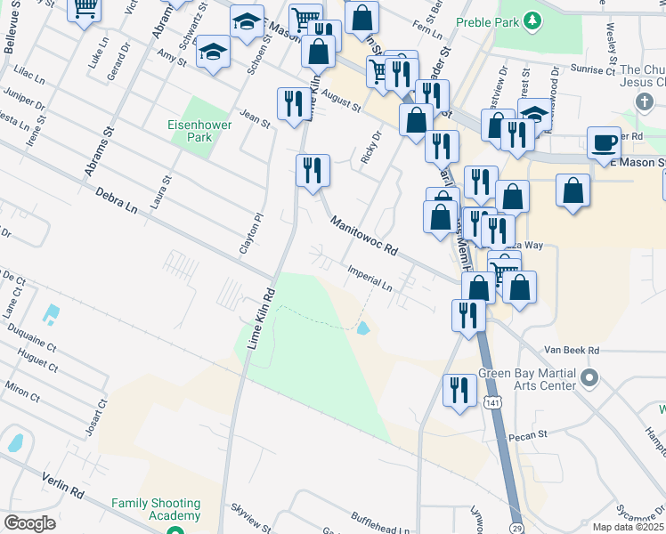 map of restaurants, bars, coffee shops, grocery stores, and more near 1077 Bader Street in Green Bay