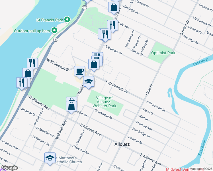 map of restaurants, bars, coffee shops, grocery stores, and more near 2005 Jourdain Lane in Green Bay