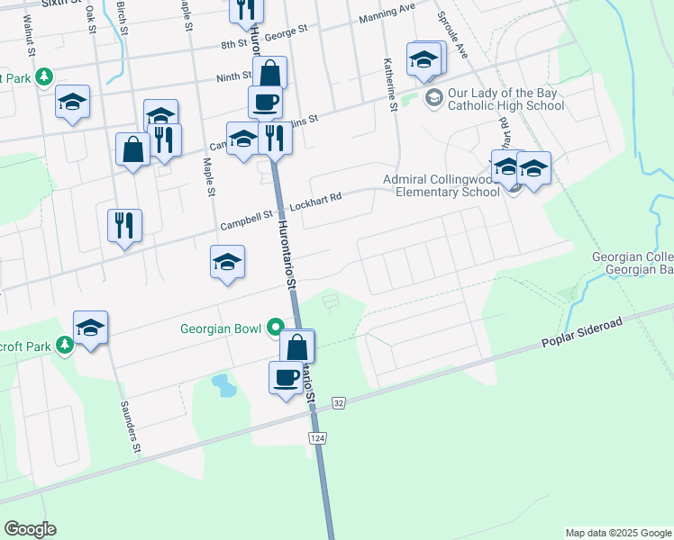 map of restaurants, bars, coffee shops, grocery stores, and more near 833 Hurontario Street in Collingwood