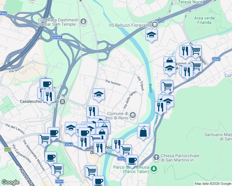map of restaurants, bars, coffee shops, grocery stores, and more near 5 Via Giovanni XXIII in Casalecchio di Reno