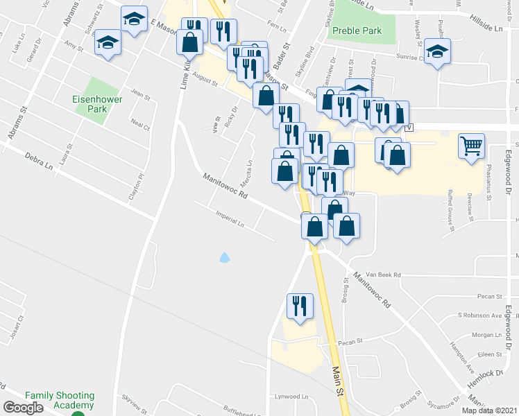 map of restaurants, bars, coffee shops, grocery stores, and more near 1052 Winter Lane in Green Bay